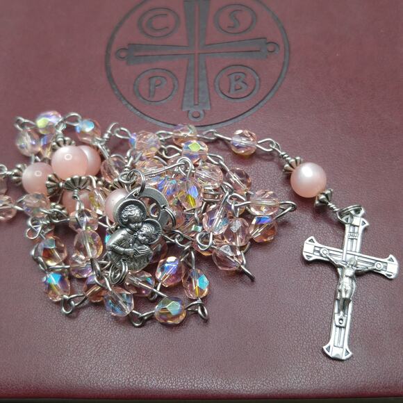 Handmade Pink Five Decade Rosary, Stainless Steel Wire, Vintage Moonglow Beads - Picture 10 of 10